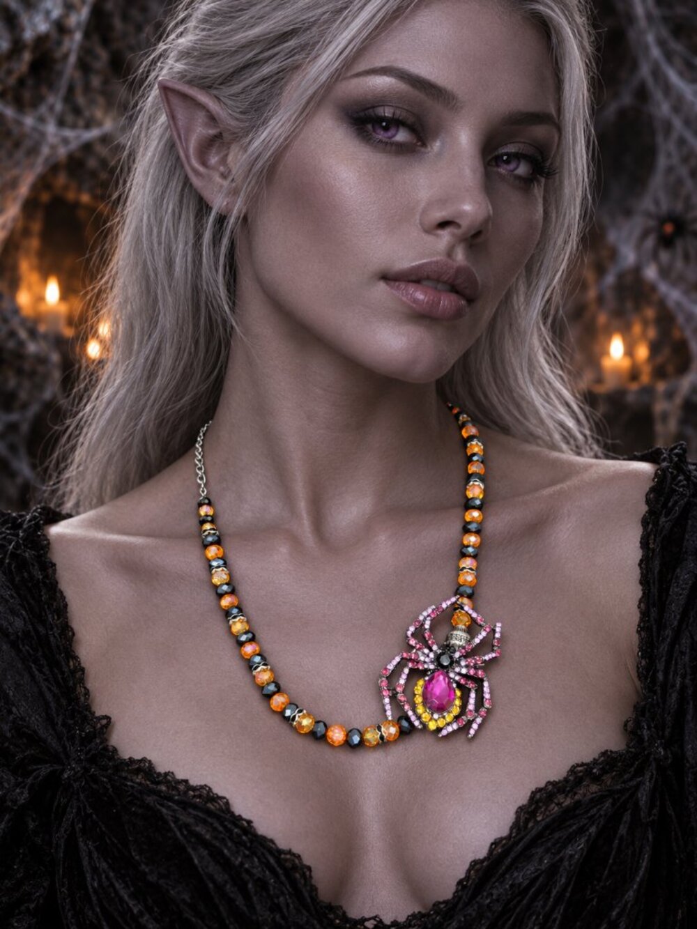 Convertible Jeweled Spider Necklace Brooch Orange Black Crystal Gothic Halloween